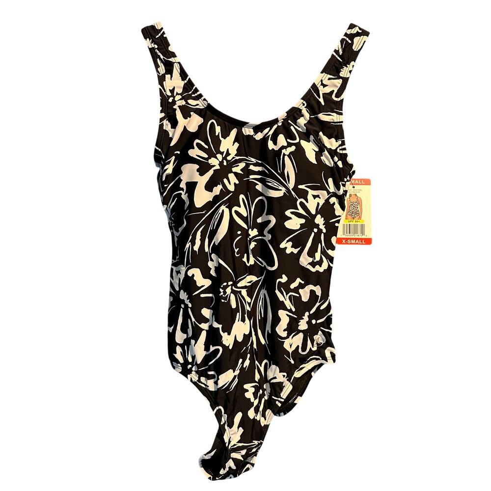 NWT Hurley Size X-Small One Piece Bathing Suit Black White Floral Vacation Beach